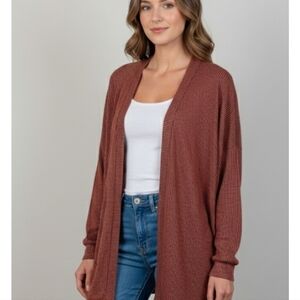 Women's Sm Oversized Open Cardigan Burgandy W/ Black Stripes Side Slits Cuff Hem